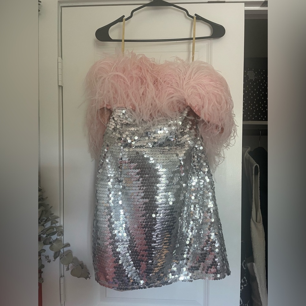 Bronx & Banco Pink Feather and Silver Sequin Dress